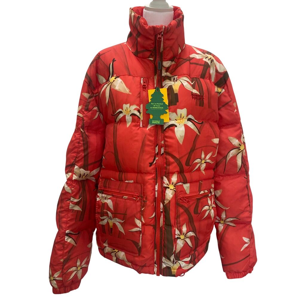 Bobblehaus Utility Puffer Jacket Orange/Red Lily Floral Print Unisex Small NEW